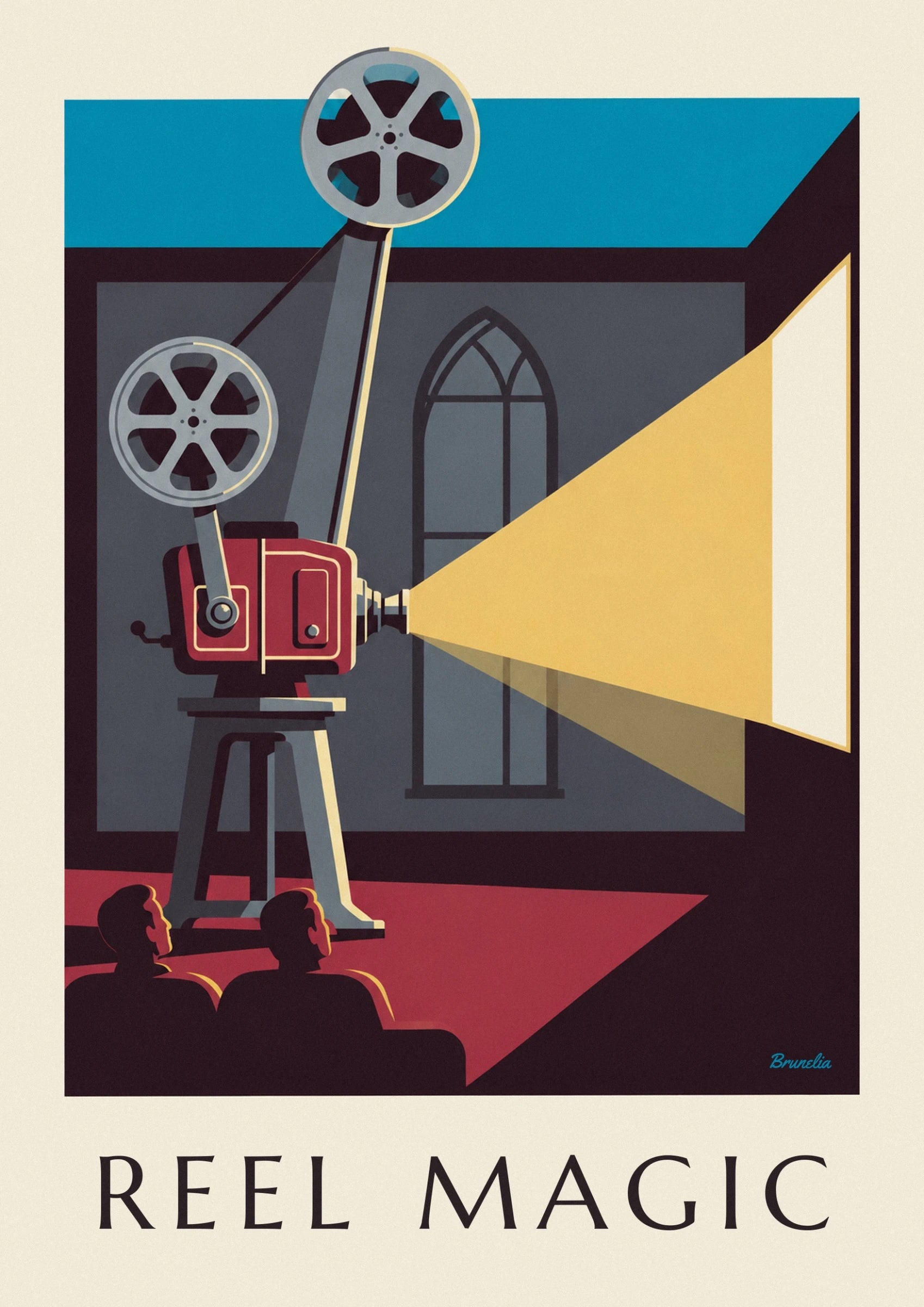 The red projector with cream trim, its reel and grey stand