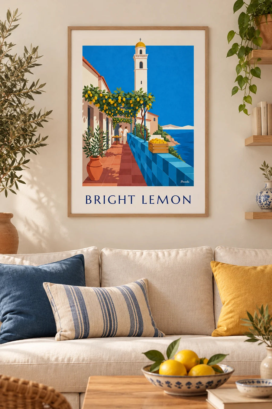 Plakat pergola z cytrynowcami i dzwonnica z żółtą kopułą nad morzem: w ramie na ścianie