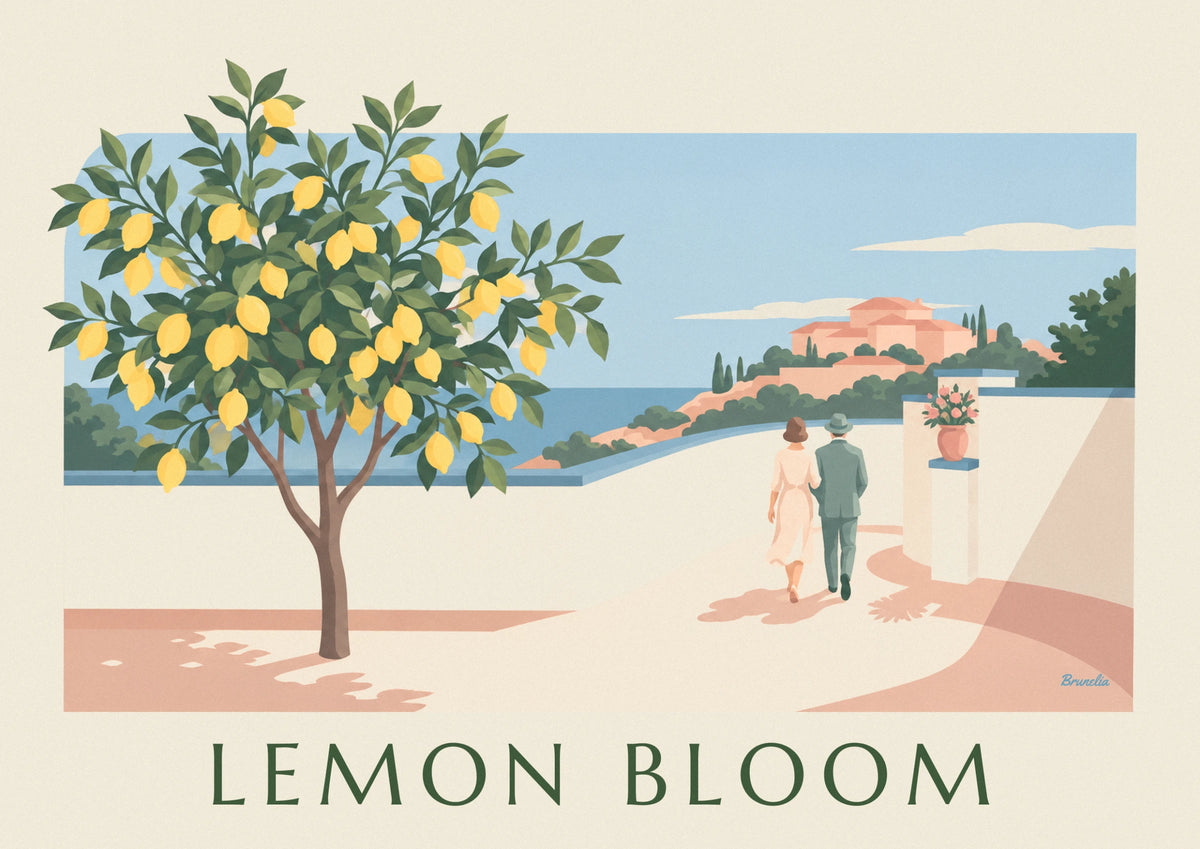Lemon tree in bloom on a seaside terrace poster