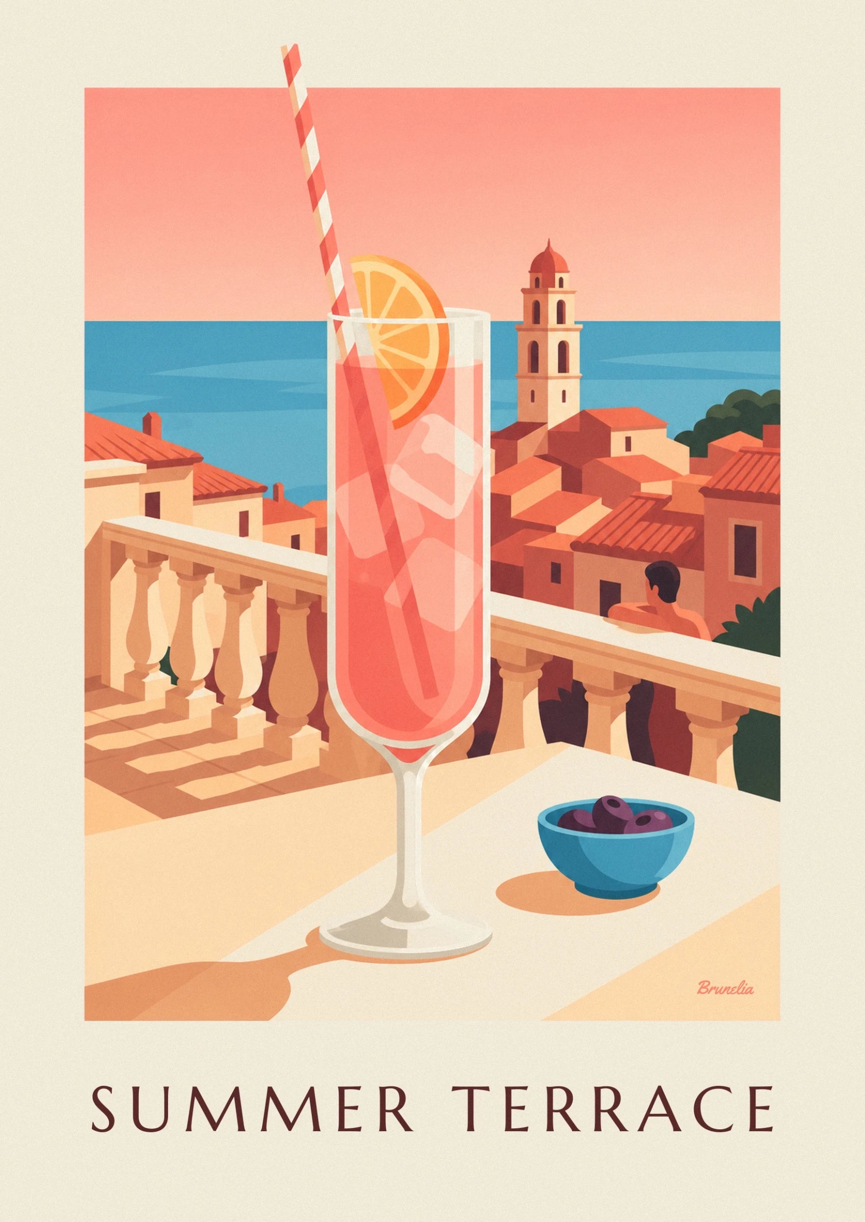 A pink cocktail with ice cubes, a striped straw and an orange slice overlooking the sea