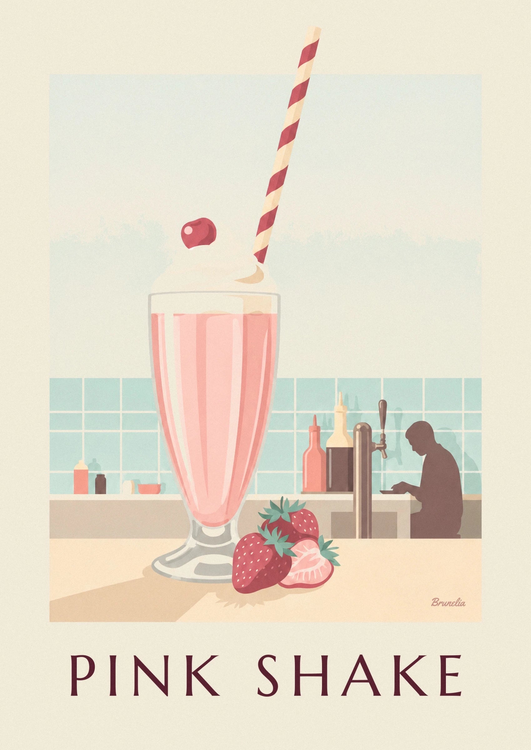 Un milk-shake rose dans un grand verre évasé, près des fraises sur le comptoir