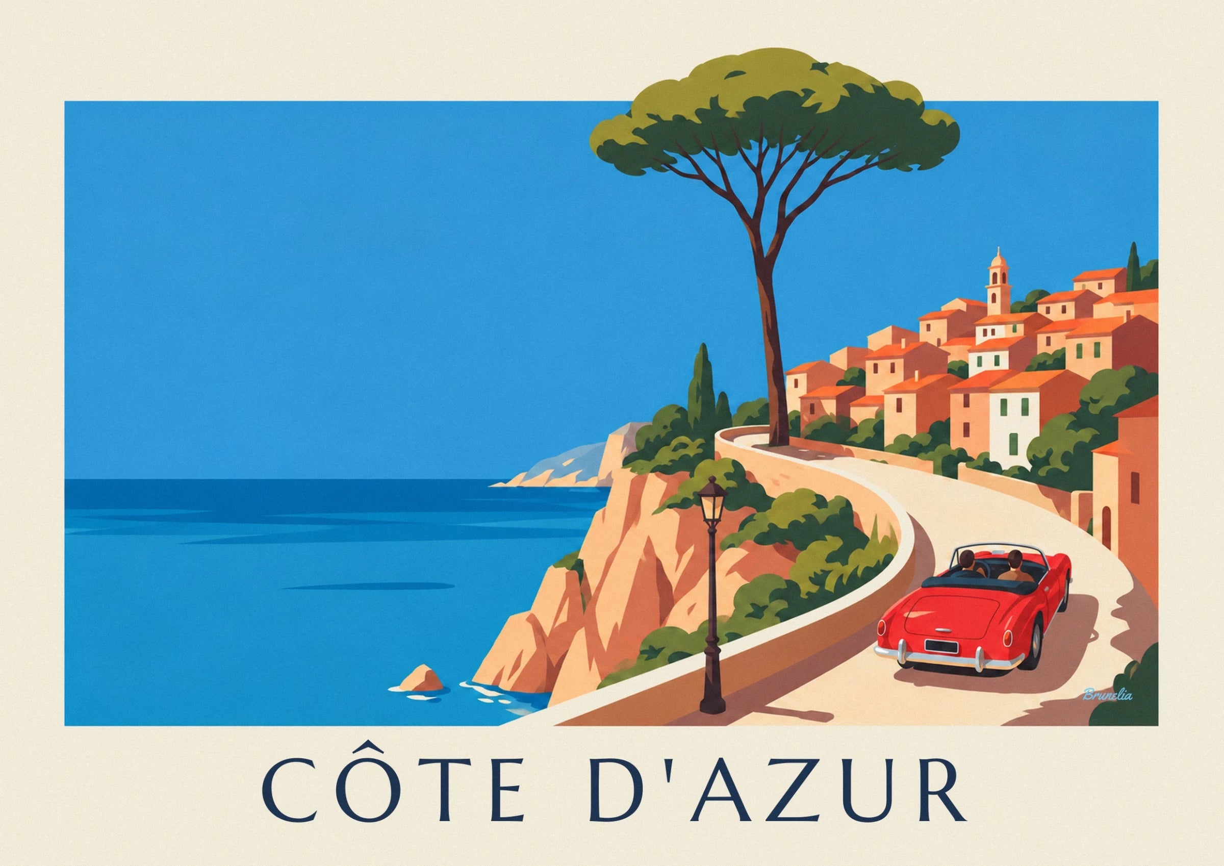 The red convertible and its 2 passengers on the winding coastal road