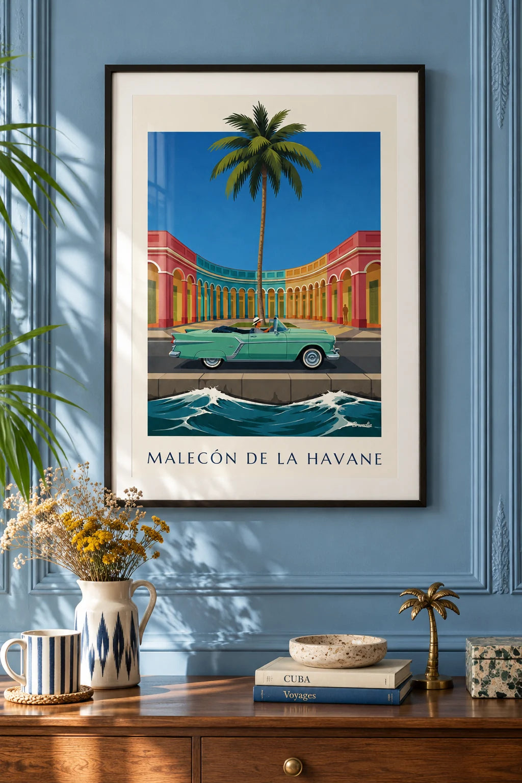 Office: Mint green convertible on Havana’s Malecón poster on the wall
