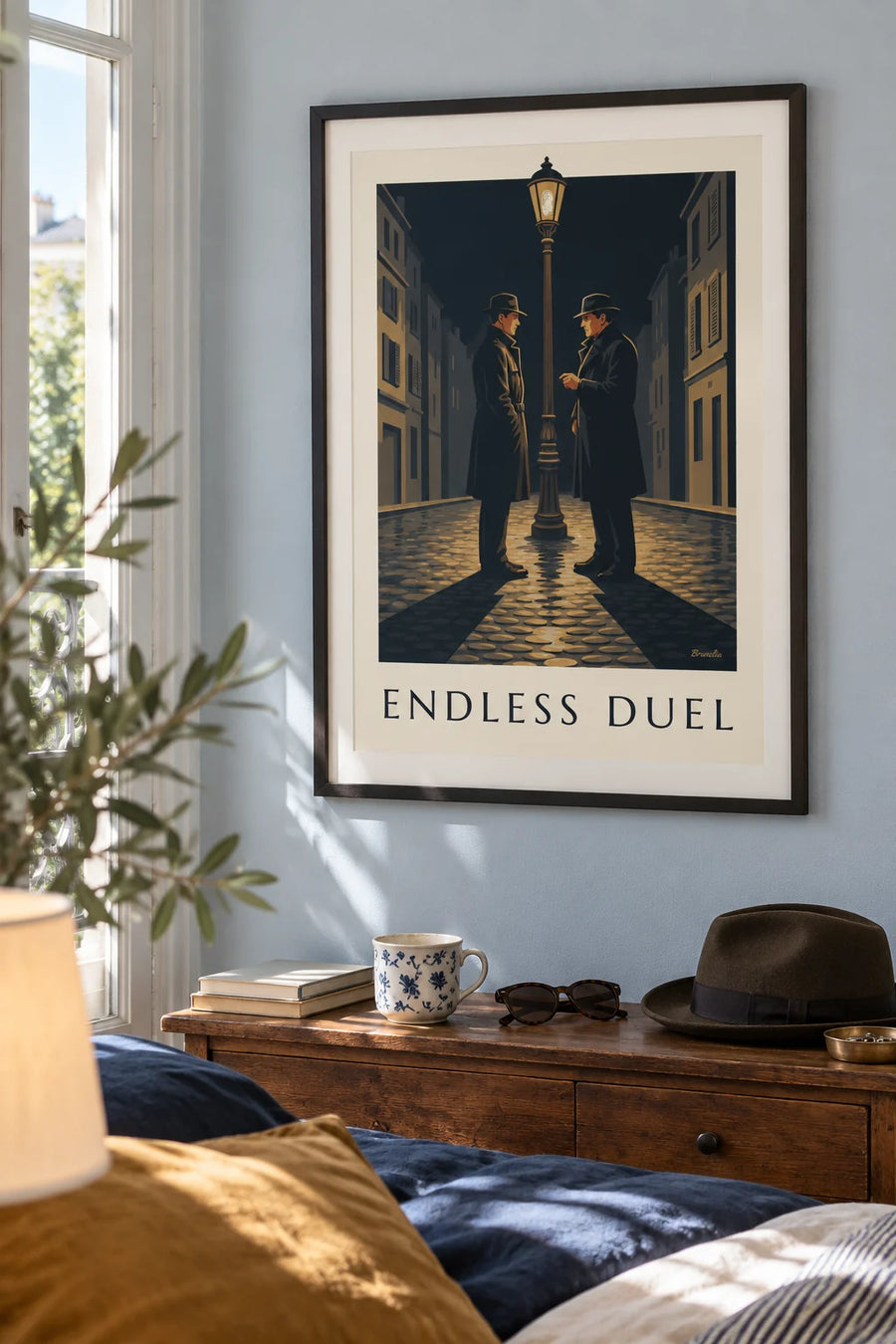 Plakat pojedynek w stylu film noir pod latarnią w deszczową noc: w ramie na ścianie