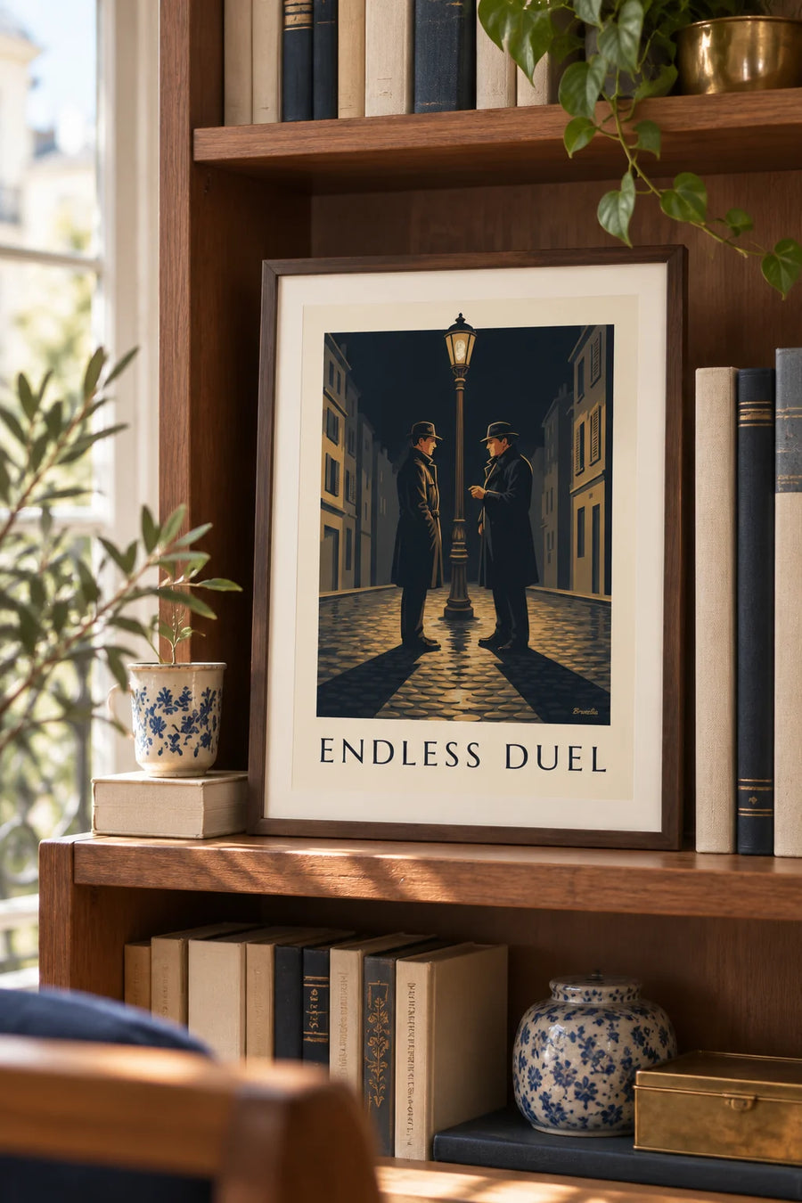Plakat pojedynek w stylu film noir pod latarnią w deszczową noc: mały format A4 w ramie