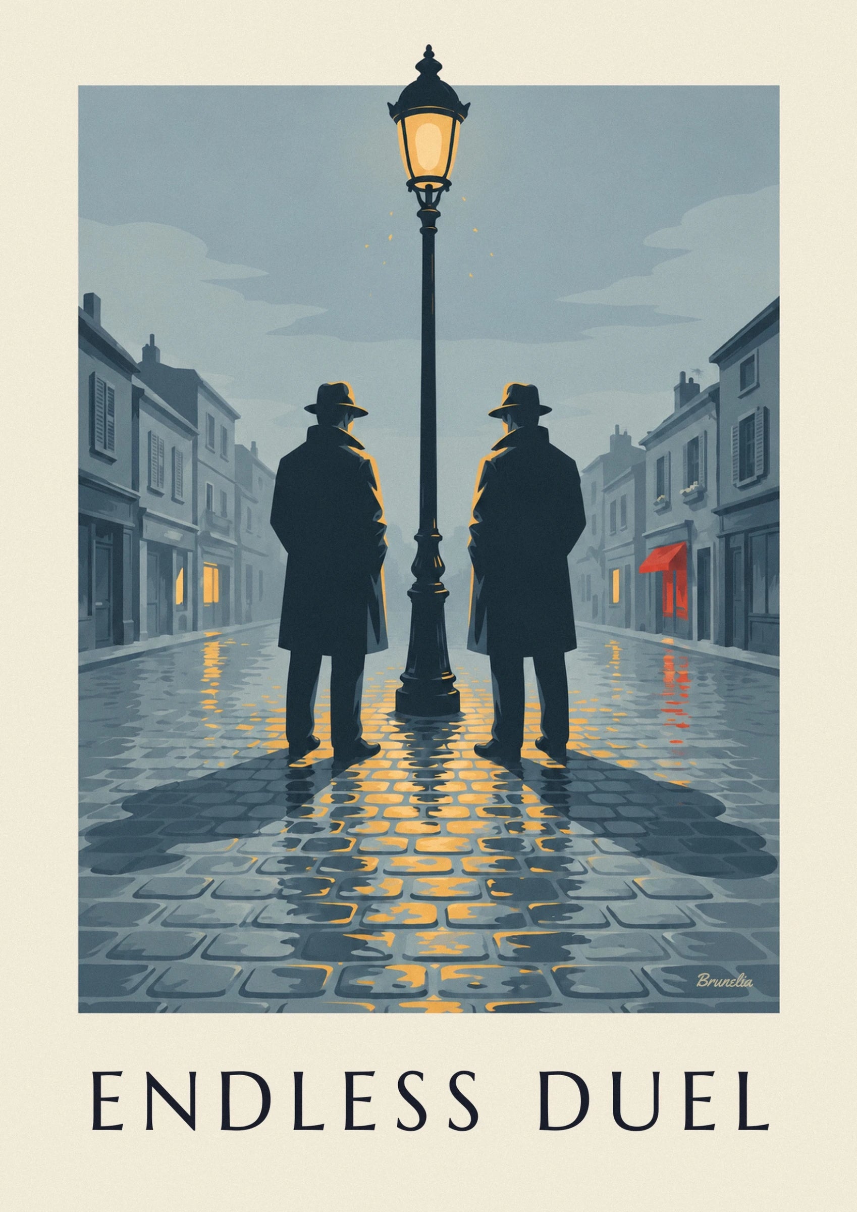 Les 2 hommes en chapeau et long manteau de dos, de part et d'autre du réverbère, sur les pavés mouillés