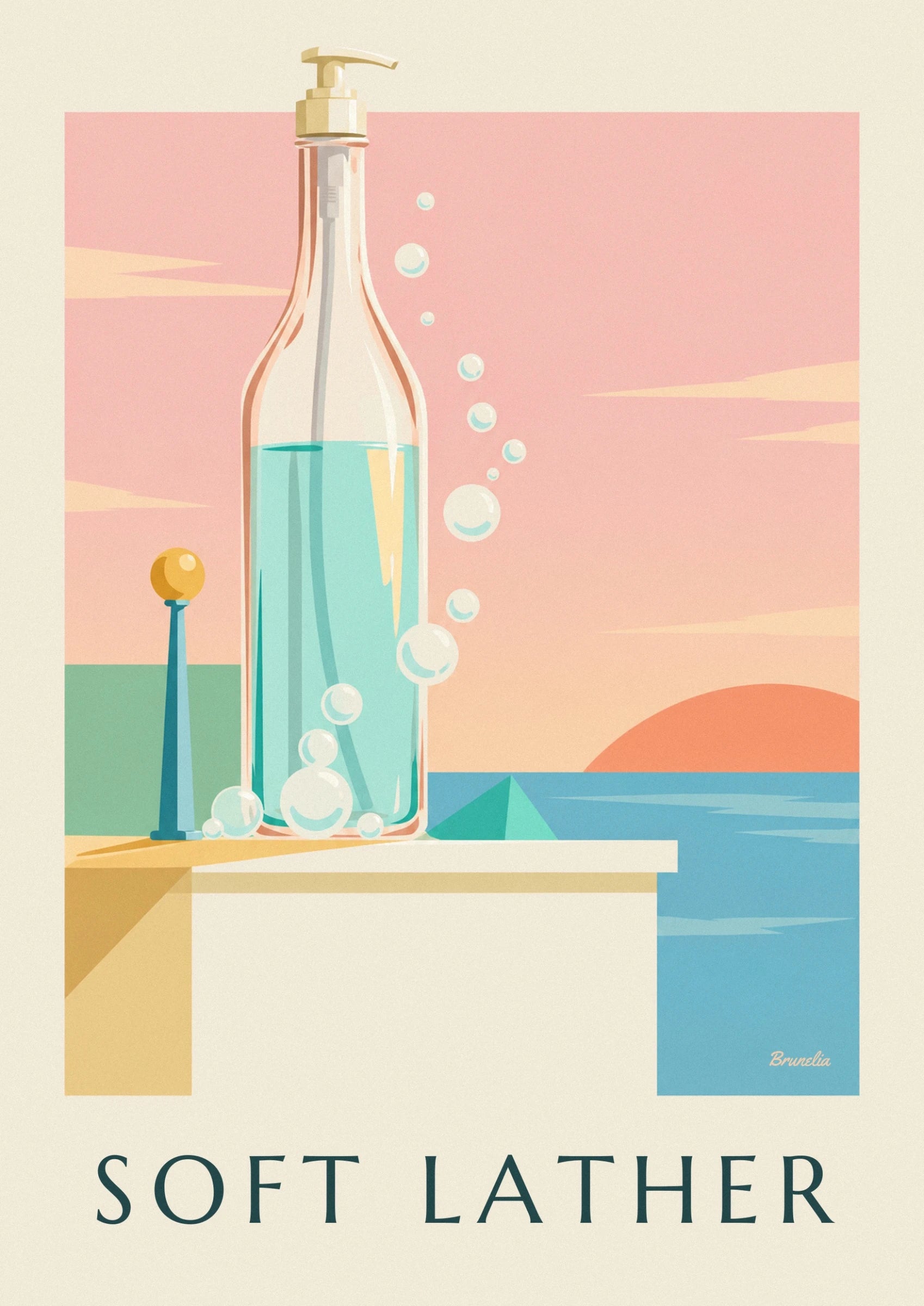 Le bas du flacon turquoise entouré de bulles aux reflets crème