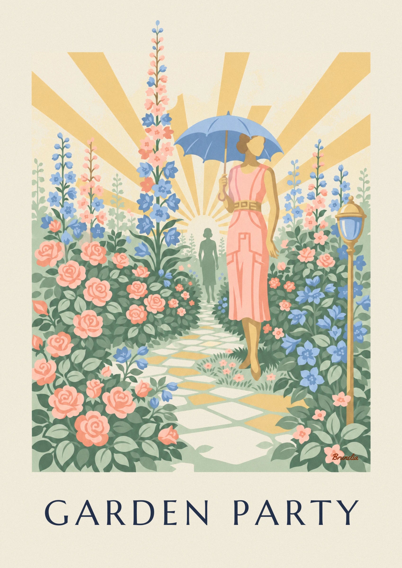 La femme en robe rose sous son parasol bleu, entre delphiniums et roses, face au soleil levant