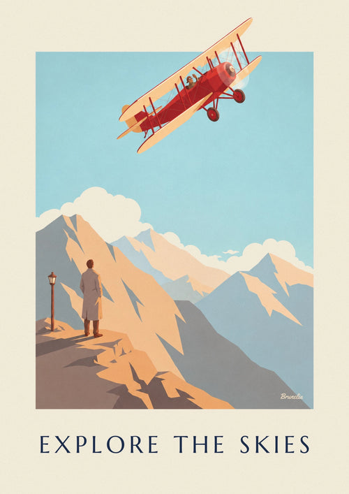 Explore the Skies biplane over the mountains poster: the full poster