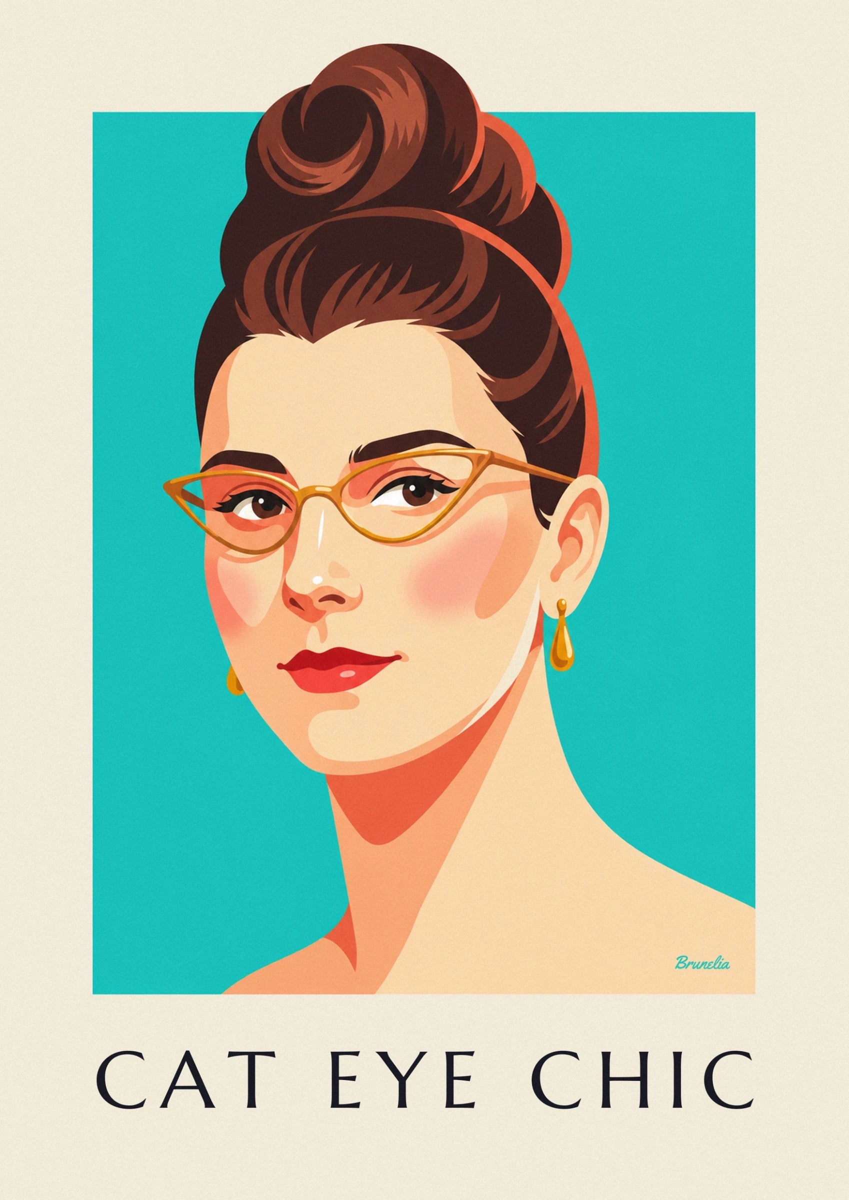 Affiche portrait de femme aux lunettes œil-de-chat et lèvres rouges : détail en gros plan