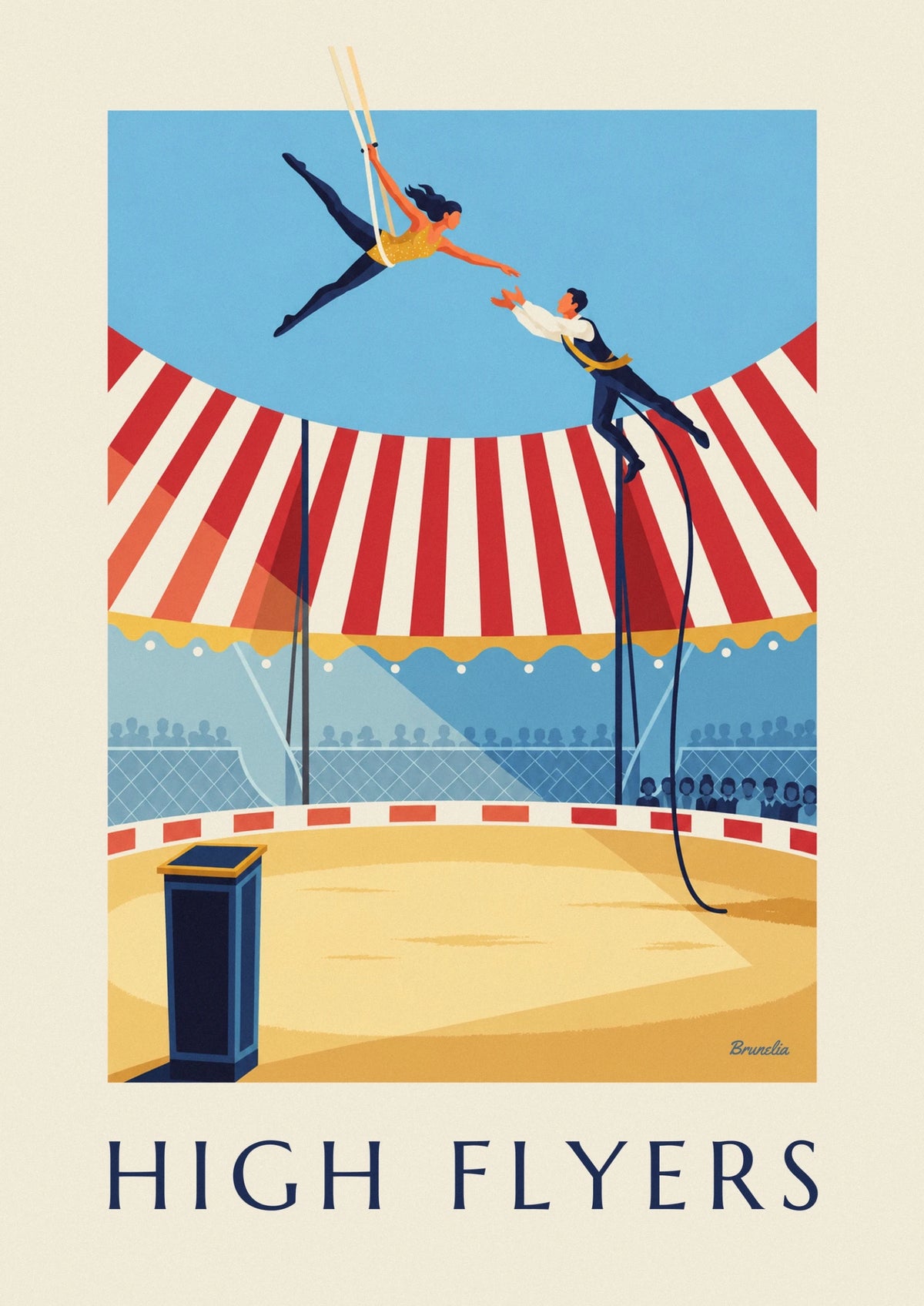 Affiche trapézistes sous un chapiteau de cirque rayé
