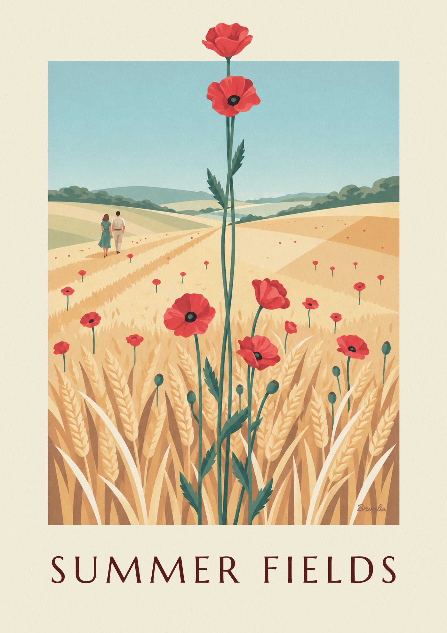 A large red poppy with a dark centre among golden ears of wheat