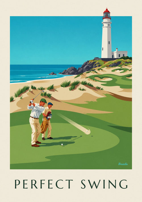 Poster of a golfer mid-swing on a clifftop links: the full poster