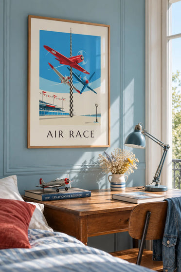 Poster of an air race around a pylon at the Grand Prix aérien: framed on the wall