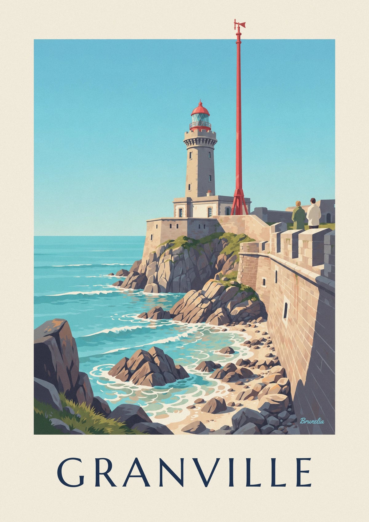 Affiche phare blanc à lanterne rouge sur les rochers de Granville