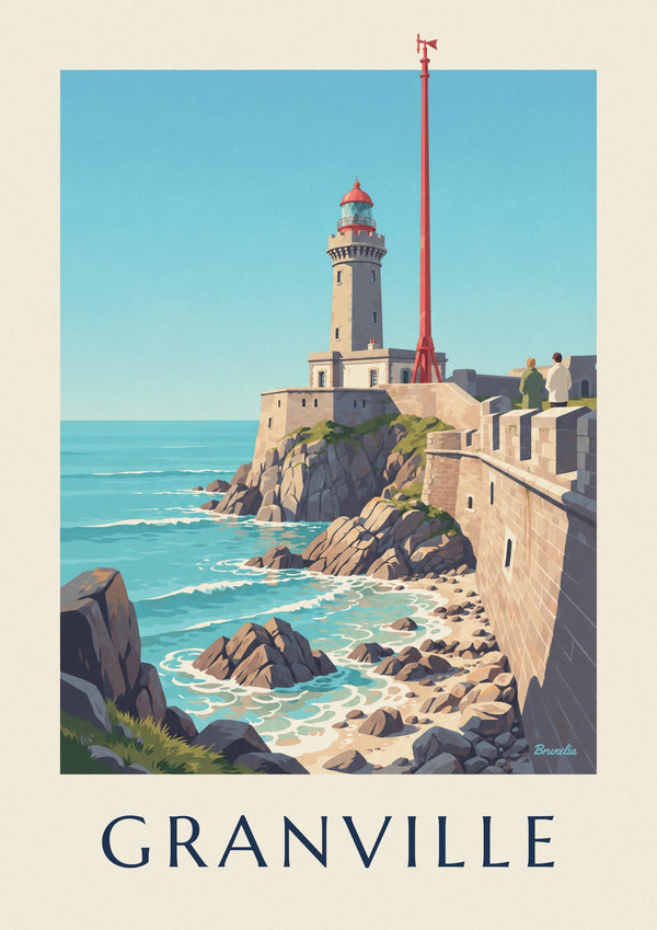 Affiche phare blanc à lanterne rouge sur les rochers de Granville