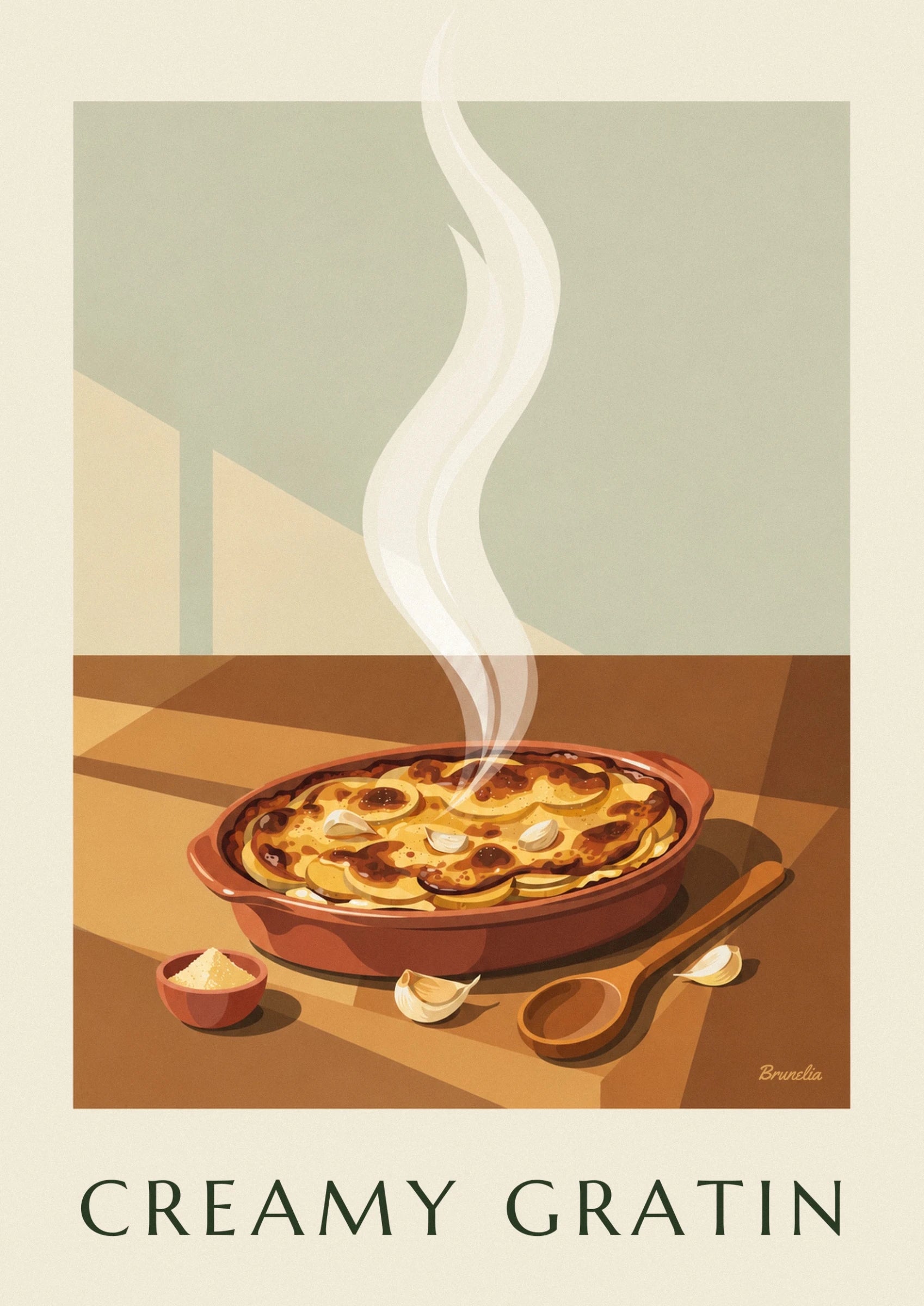 Affiche gratin dauphinois doré dans son plat en terre cuite : détail en gros plan