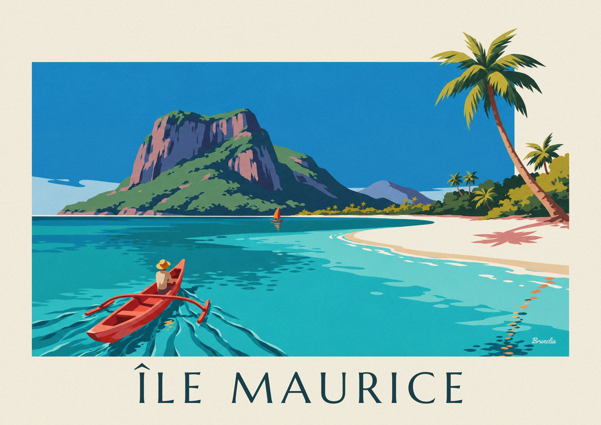 Affiche lagon, cocotiers et Morne Brabant à l'île Maurice