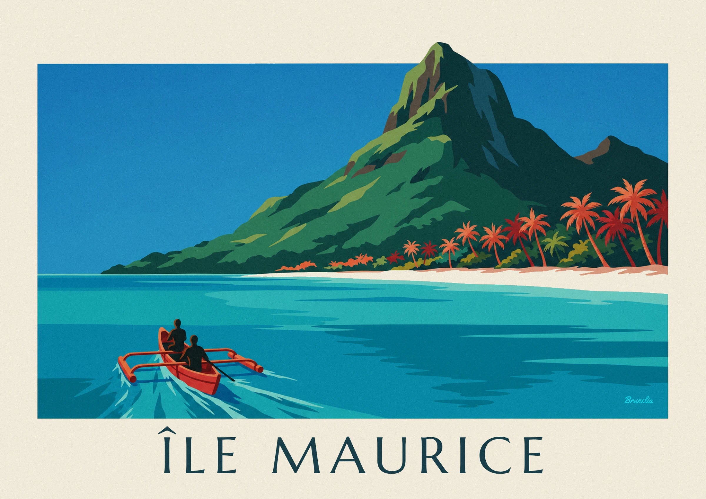Le Morne Brabant aux pentes vertes, ses palmiers rouges et la plage de sable clair