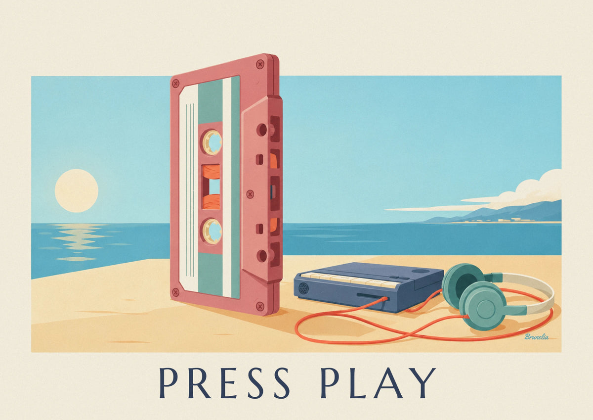 Affiche cassette audio géante et baladeur sur une plage au soleil