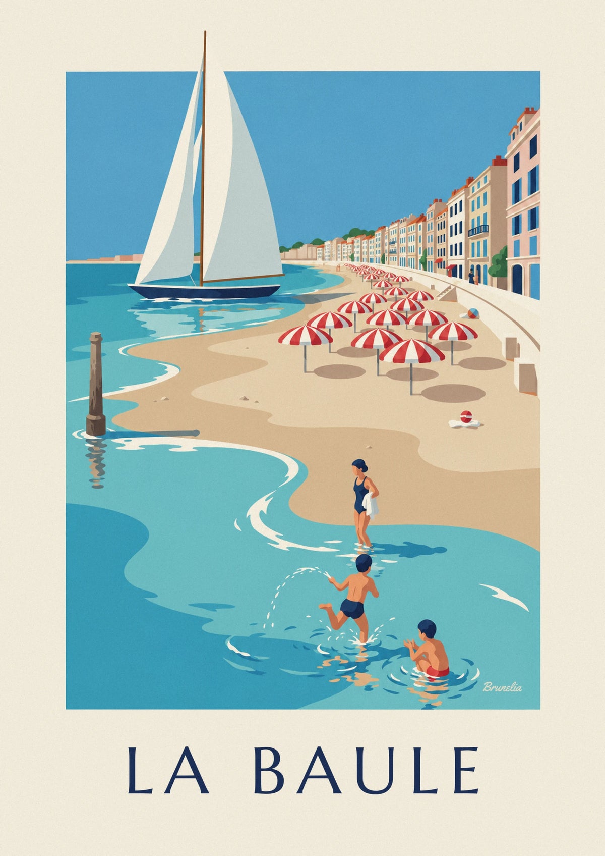 Striped parasols and swimmers on La Baule beach poster