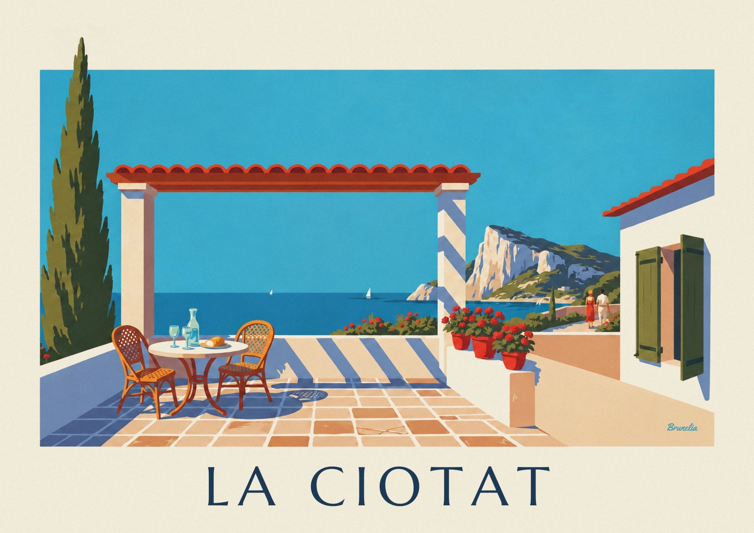 The red flower pots facing Bec de l’Aigle and the turquoise sea of La Ciotat