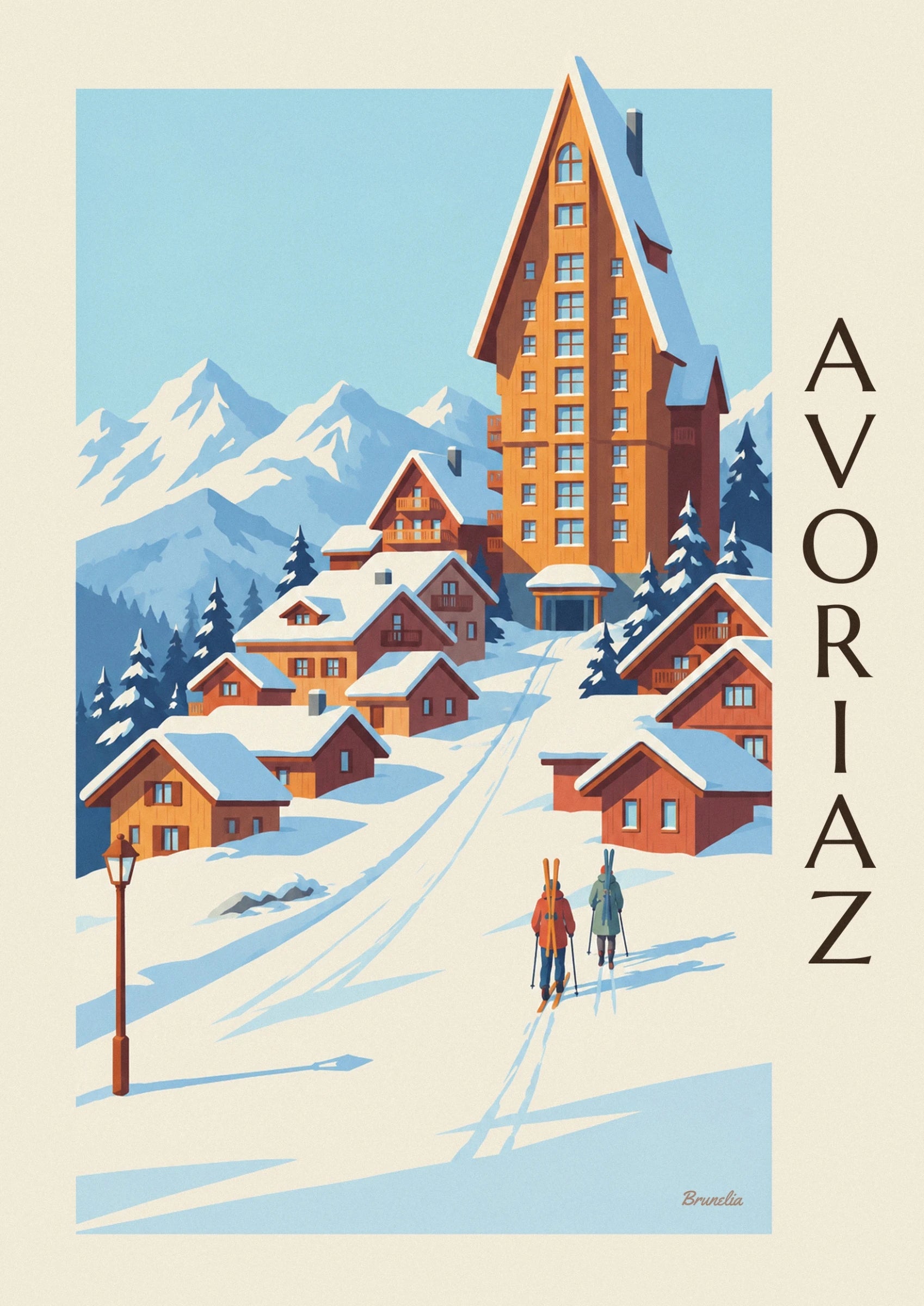 The tall orange wooden façade and its snowy roof among the chalets of Avoriaz