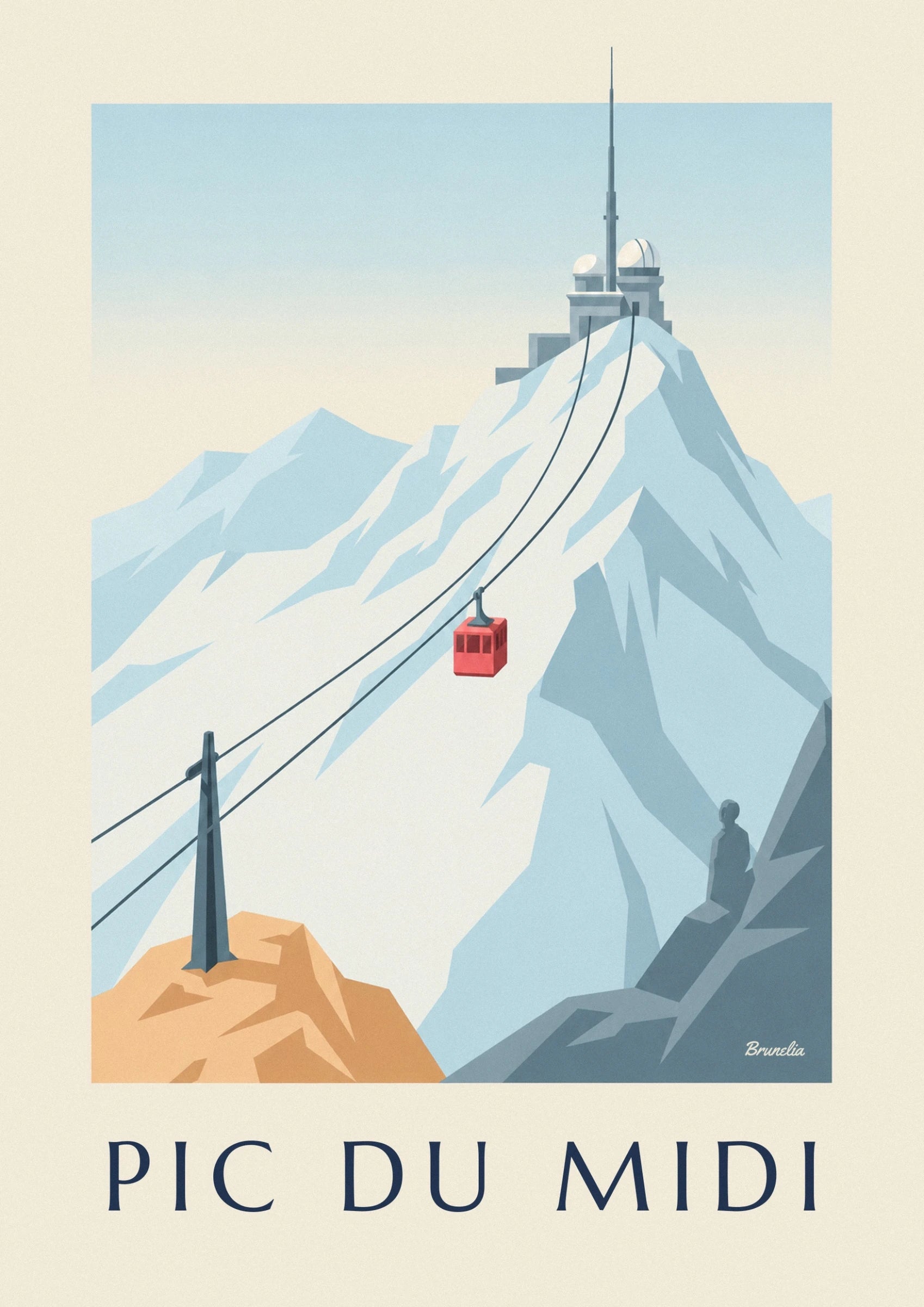 The red cable car suspended from cables in front of snowy slopes