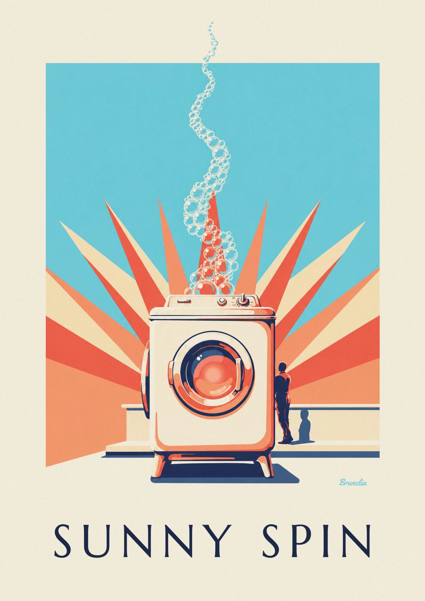 The cream washing machine and its round door with coral and navy blue reflections