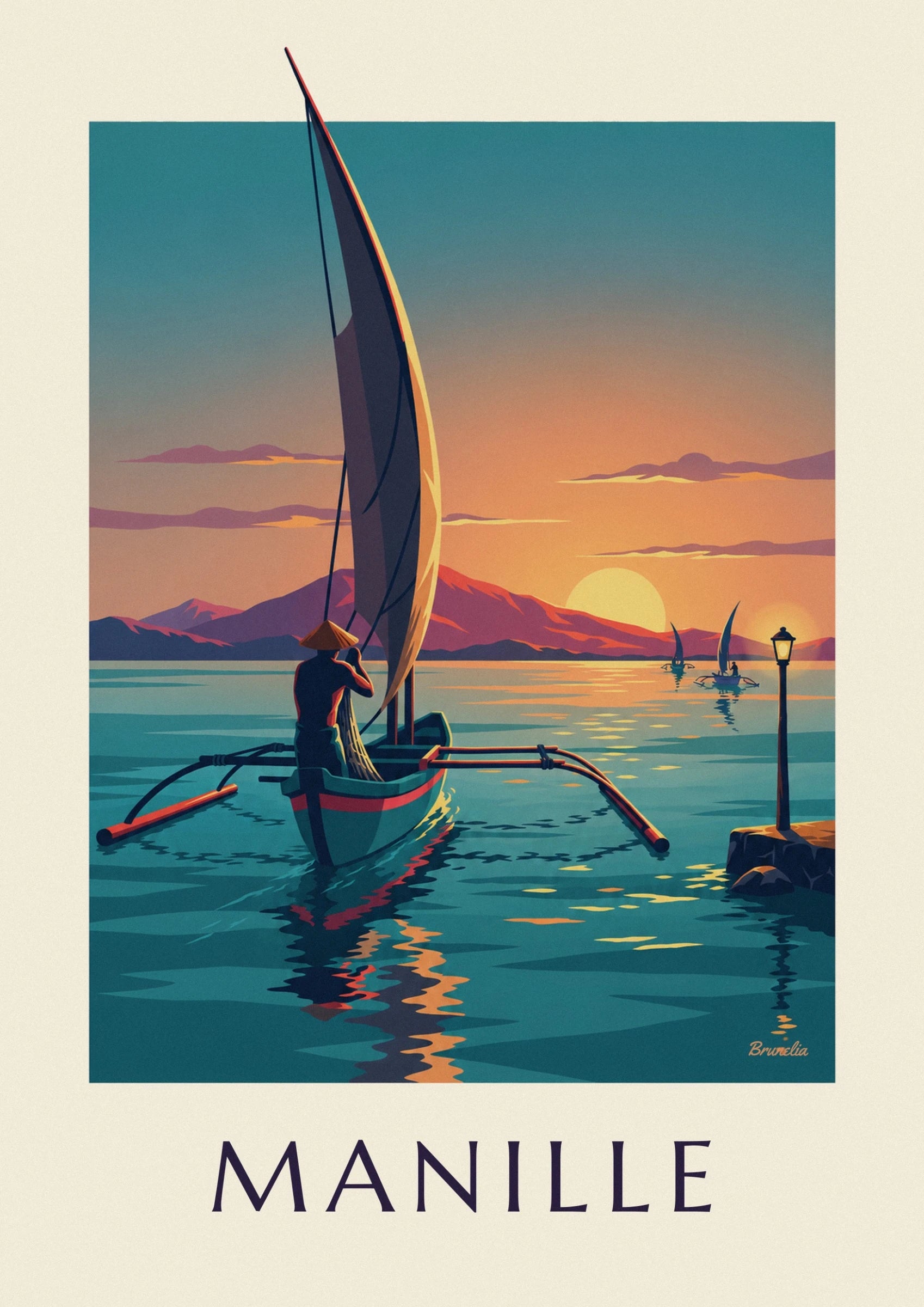 The boatman in a conical hat in his turquoise and red canoe, with mountains behind