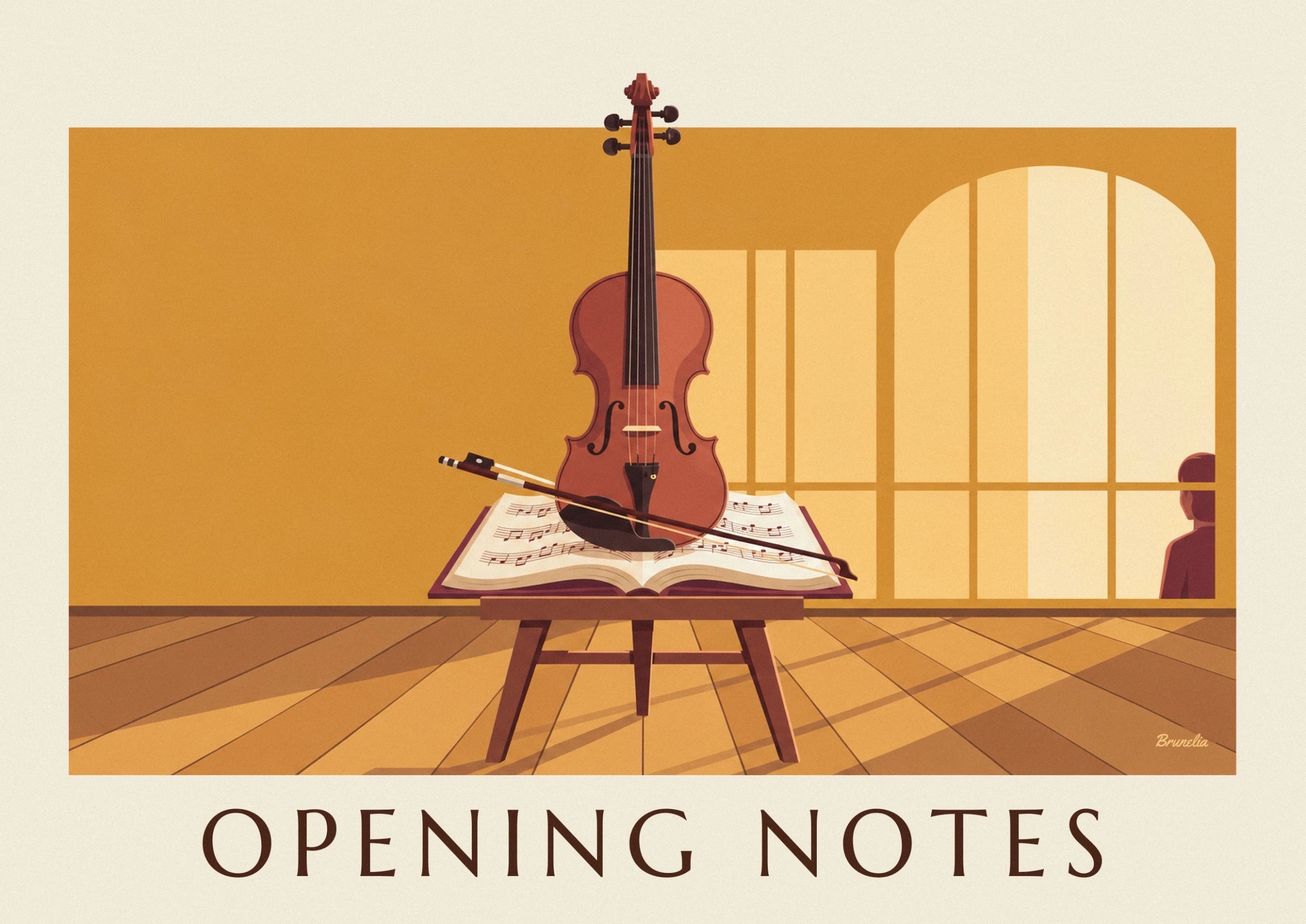 Violin and bow on open sheet music poster: close-up detail