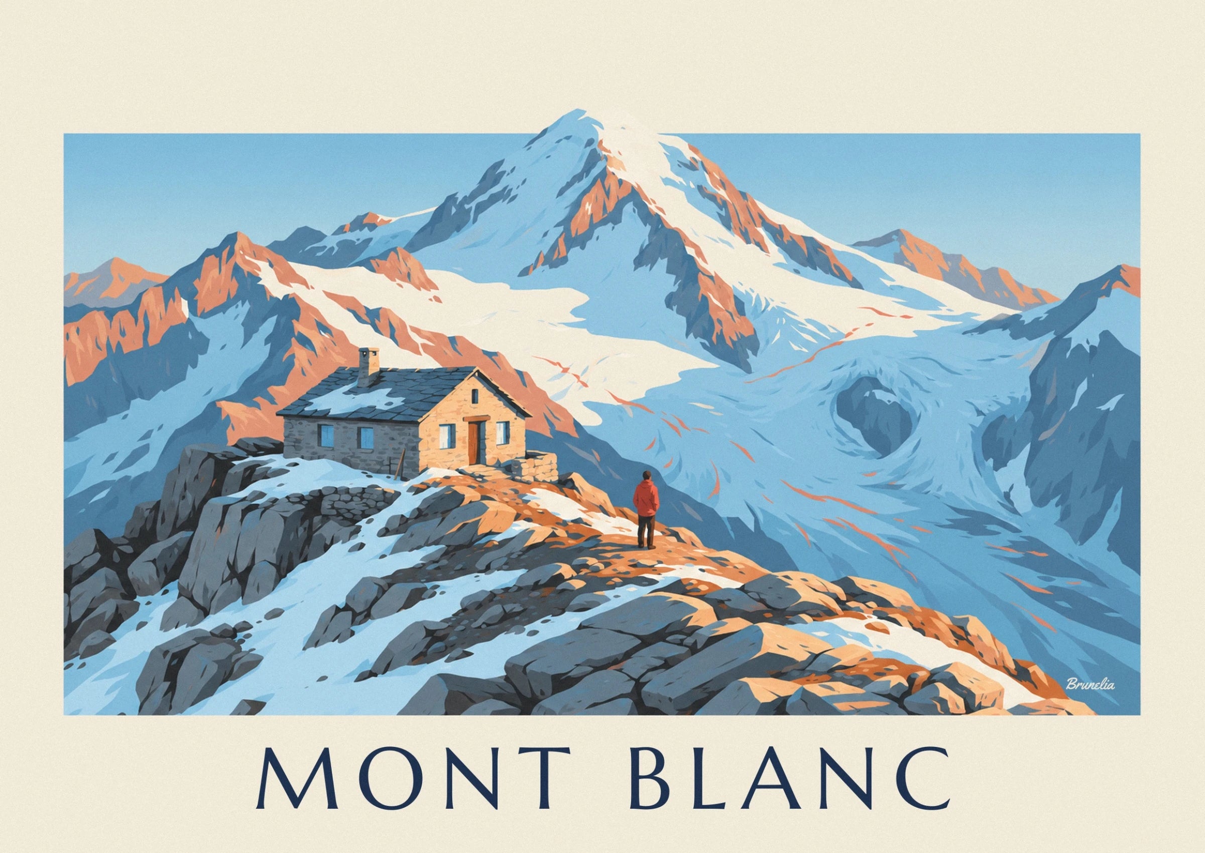 The stone mountain hut with its snow-covered slate roof, surrounded by orange rocks