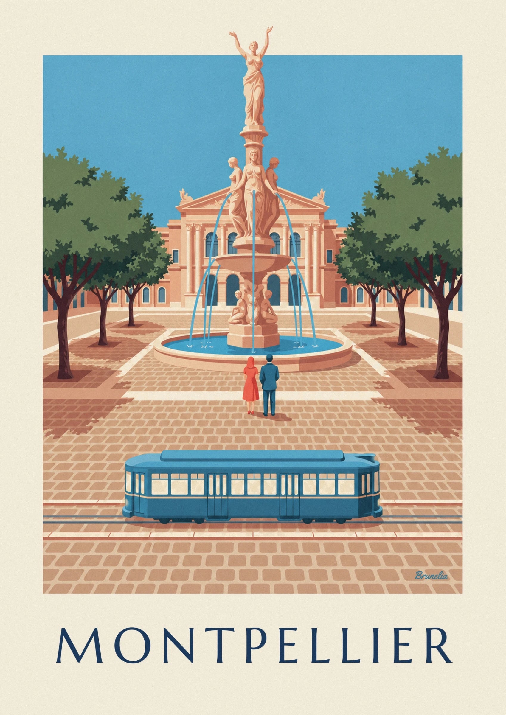 Montpellier Place de la Comédie and tram poster: close-up detail