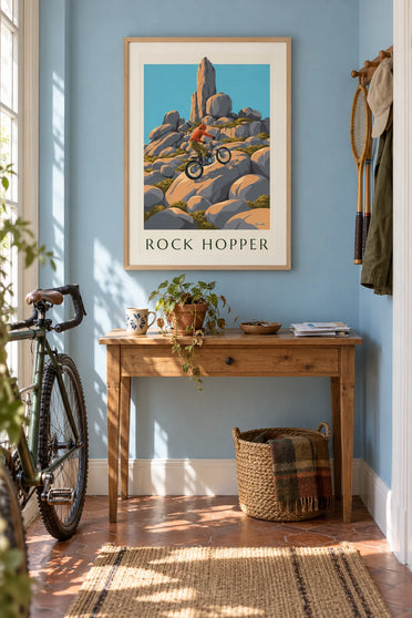 Poster of a trials rider crossing rocks: framed on a wall