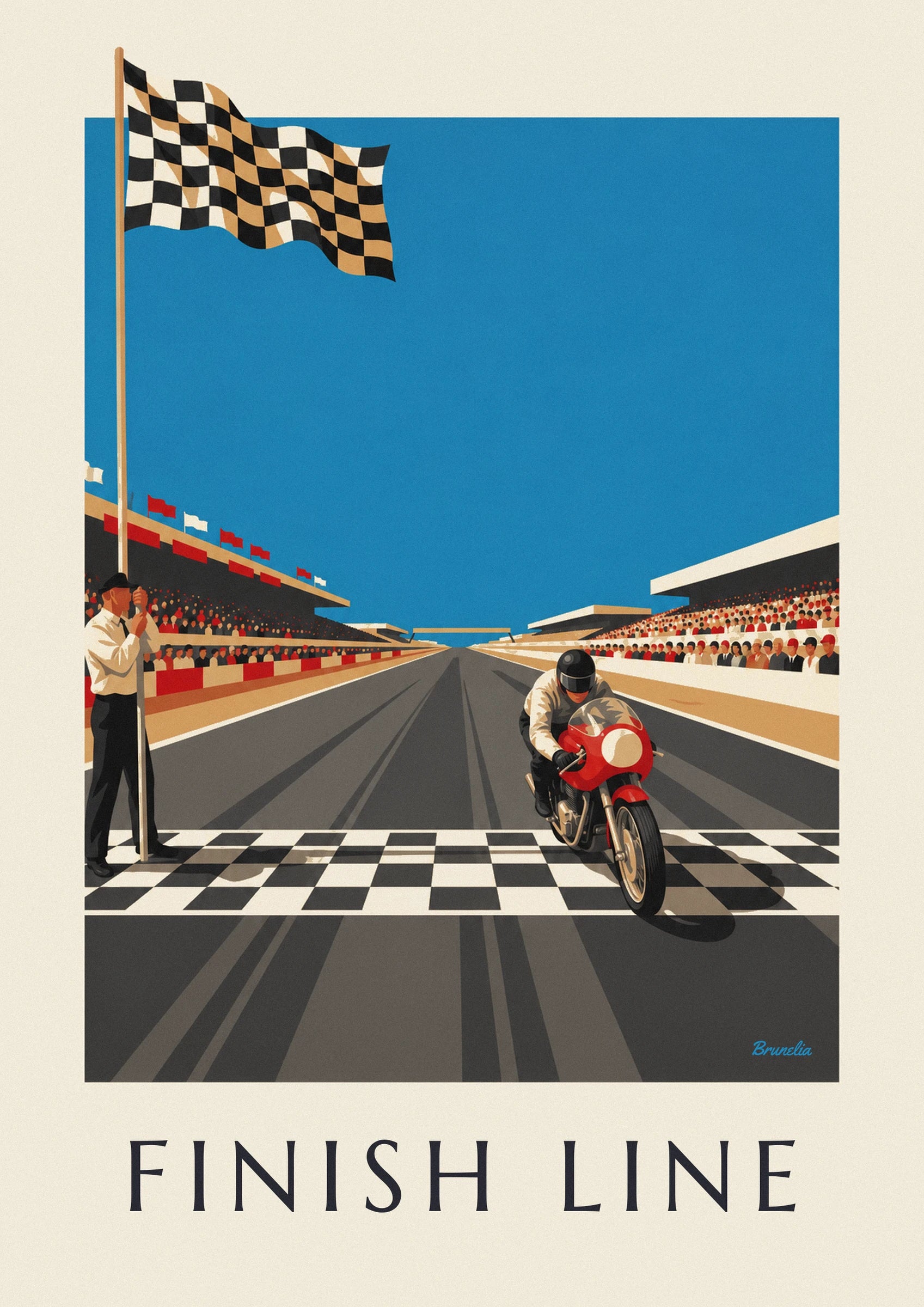 Plakat motocykl przekraczający linię mety pod flagą w szachownicę: zbliżenie szczegółu