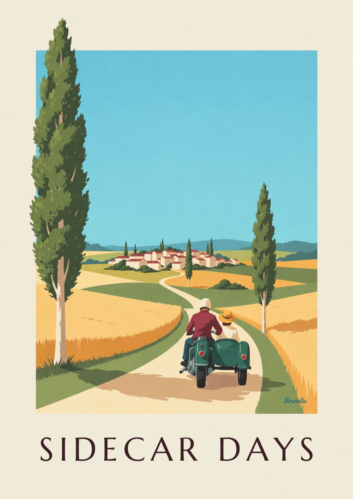 Motorcycle and sidecar on a poplar-lined country road poster