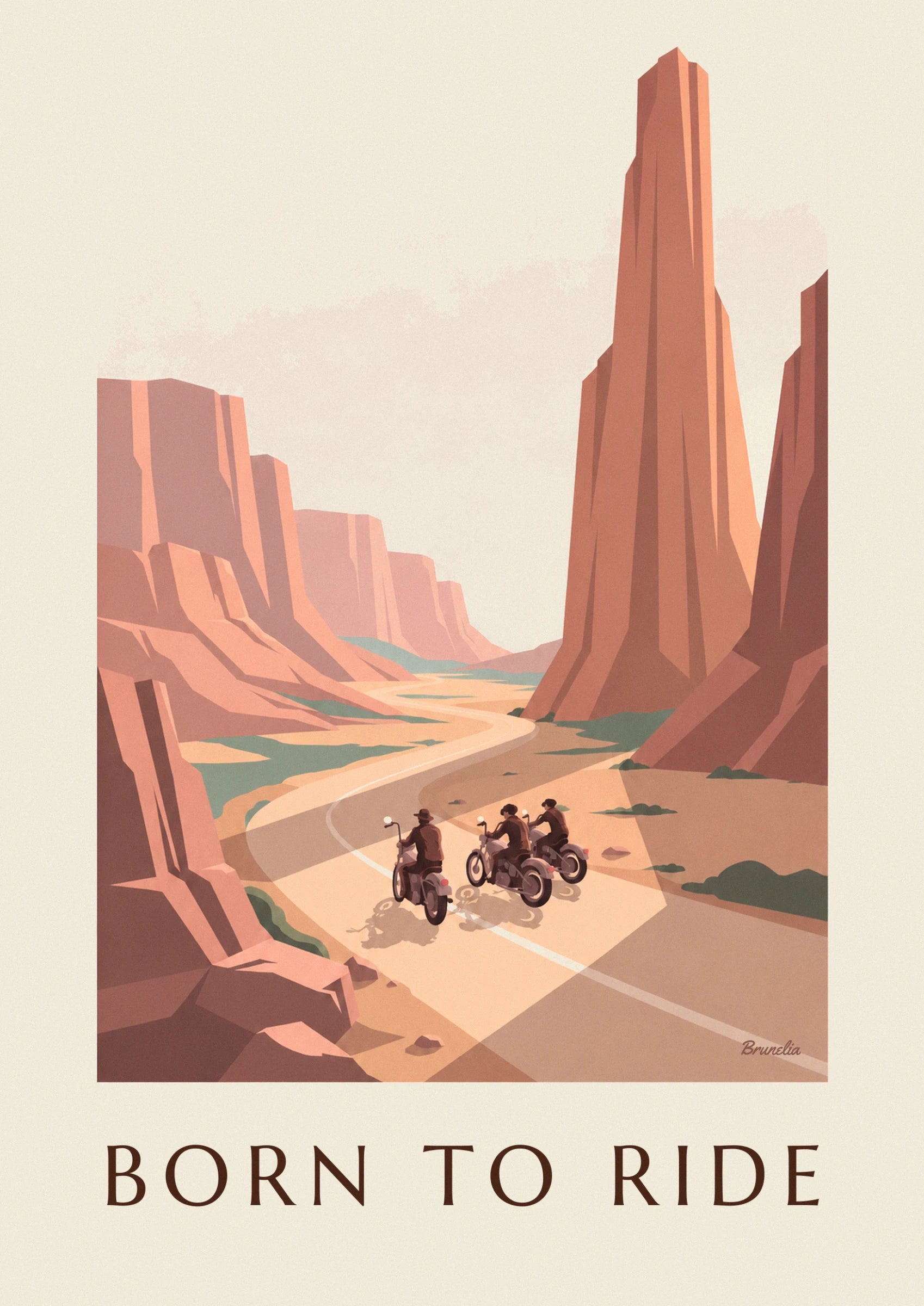 Les 3 motards en blouson brun, dont un en chapeau, sur la route sinueuse du canyon