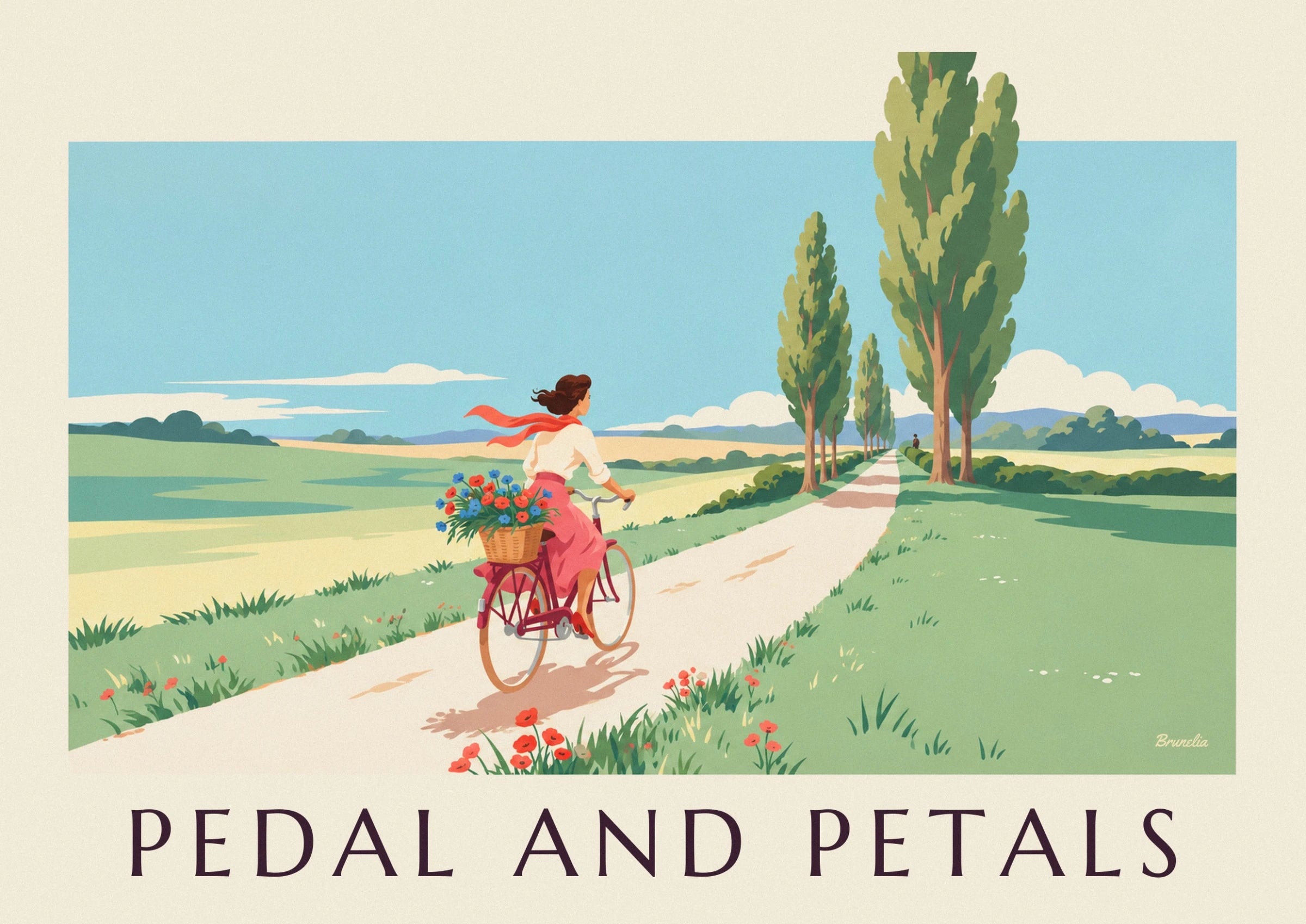 La cycliste en jupe rose et foulard rouge, son panier de fleurs à l’arrière du vélo