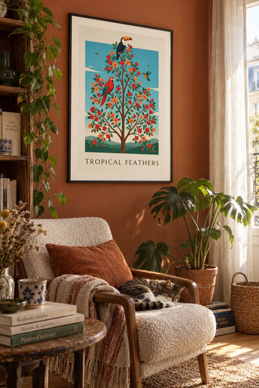 Affiche planche ornithologique de toucan, perroquet et colibri : encadrée au mur