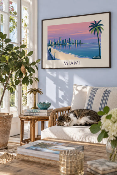Poster of Miami skyscrapers and palm trees at dusk: framed on the wall