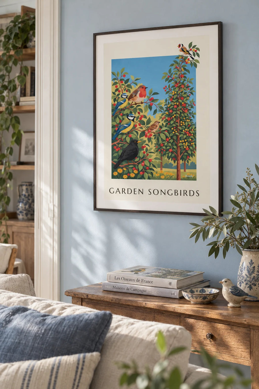 Poster of a naturalist plate of garden songbirds: framed on the wall