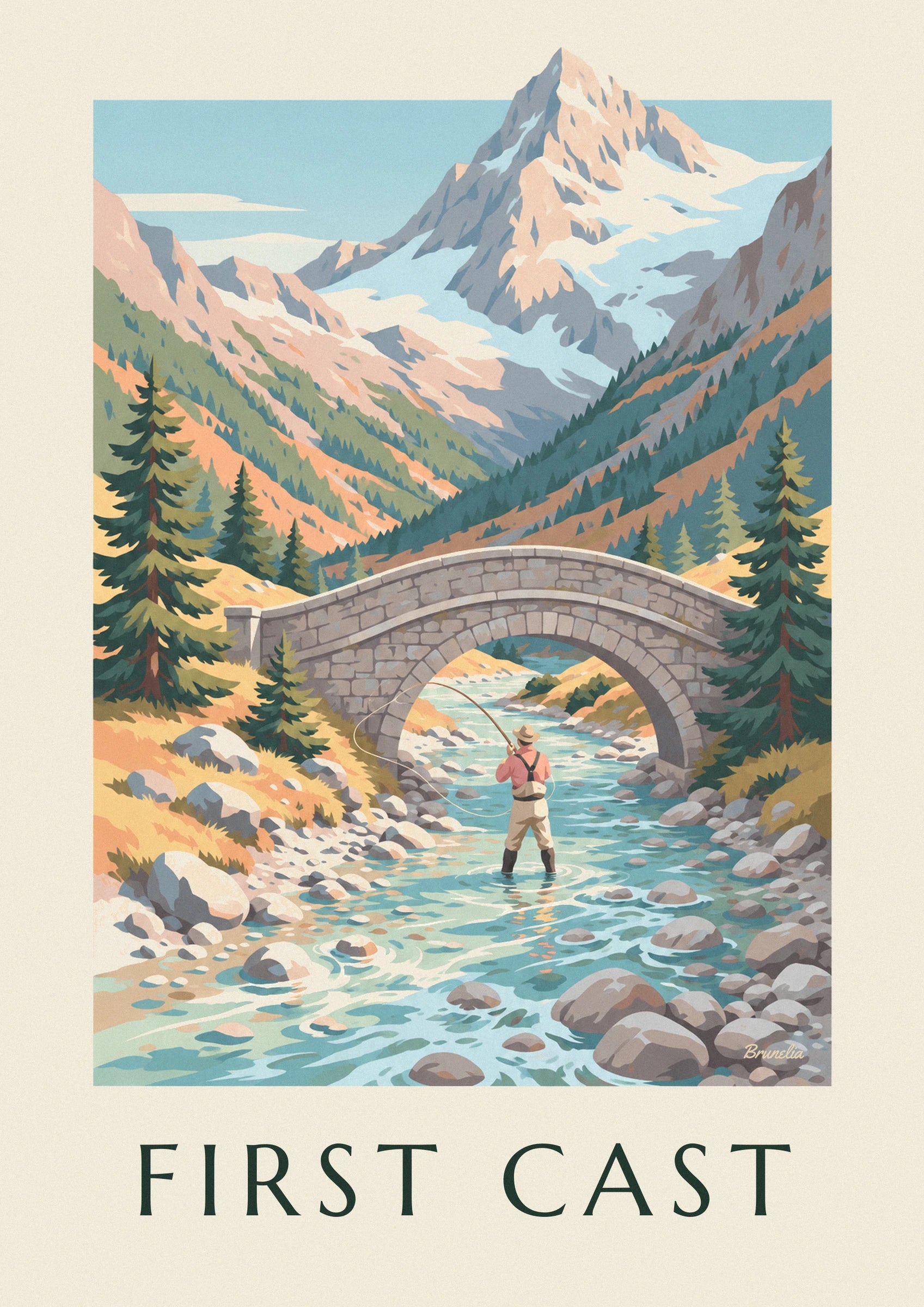 The angler seen from behind, in a salmon shirt and dark boots, in the turquoise mountain stream