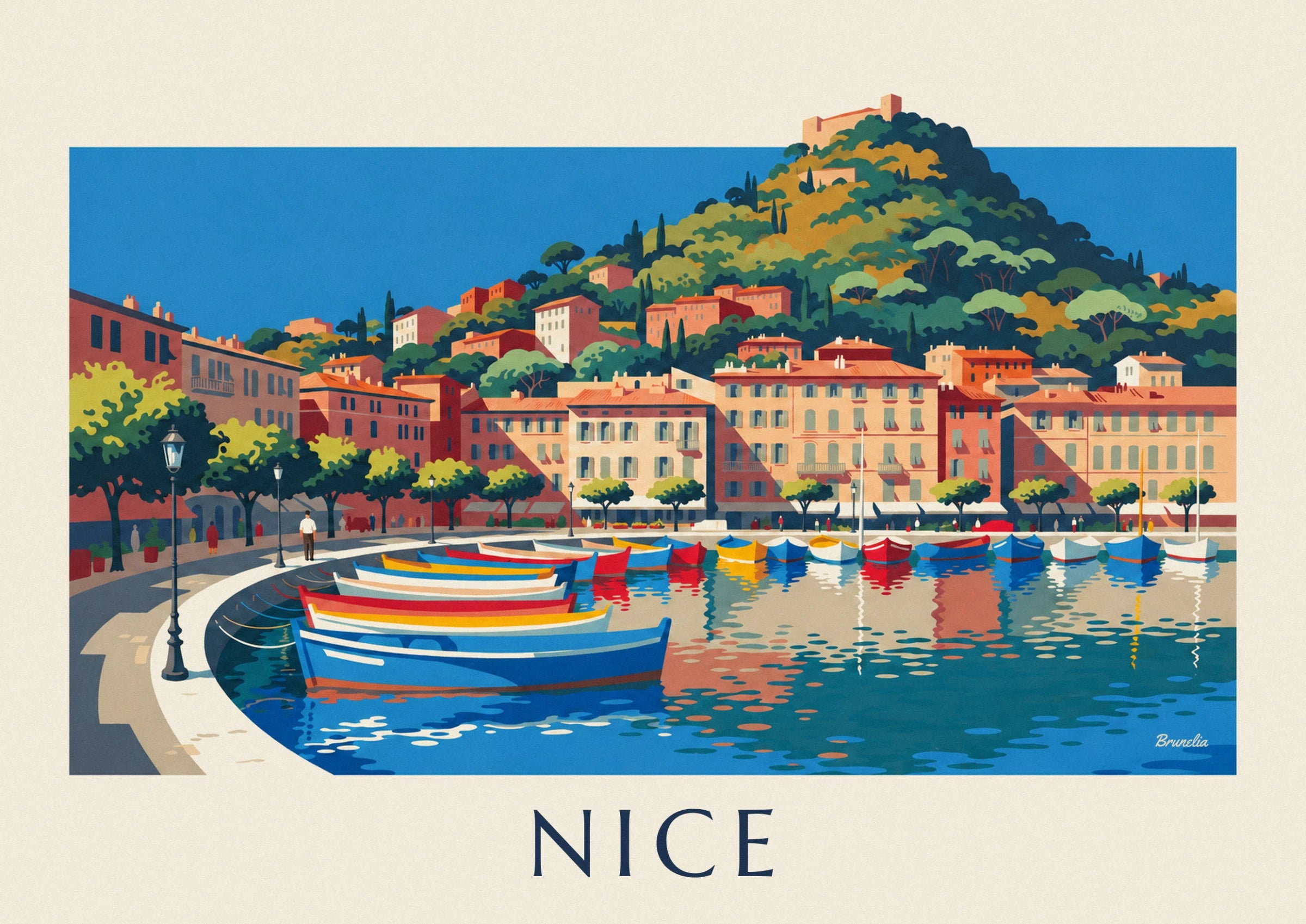 Boats striped in blue, red and yellow moored in front of ochre façades