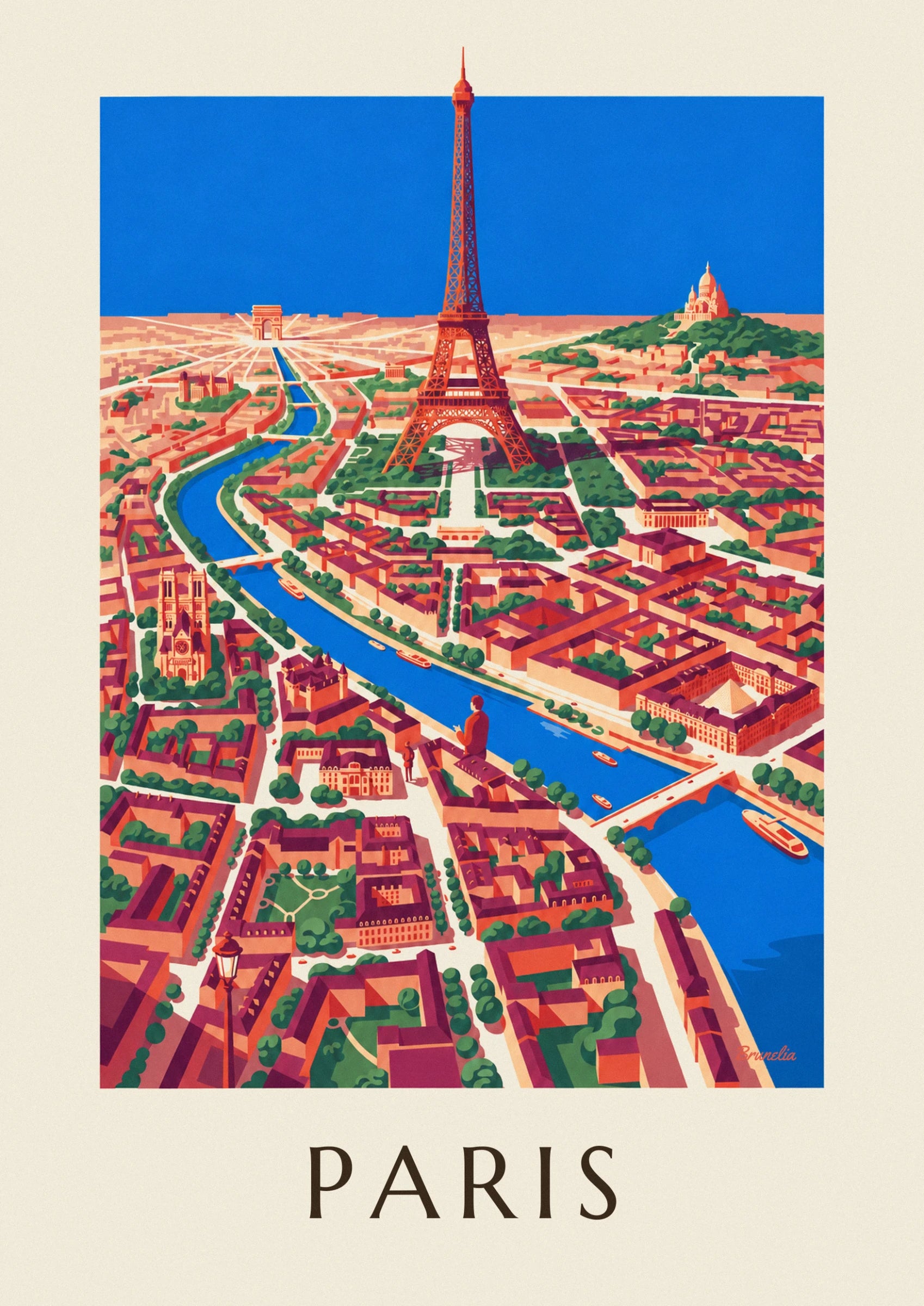 La tour Eiffel rouge-orangé se dresse sur un ciel bleu, avec ses jardins verts et son ombre portée