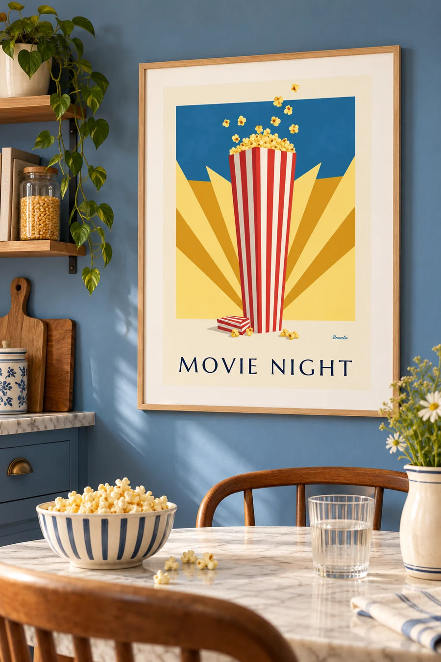 Plakat z kinowym popcornem na tle promieni słońca: w ramie na ścianie