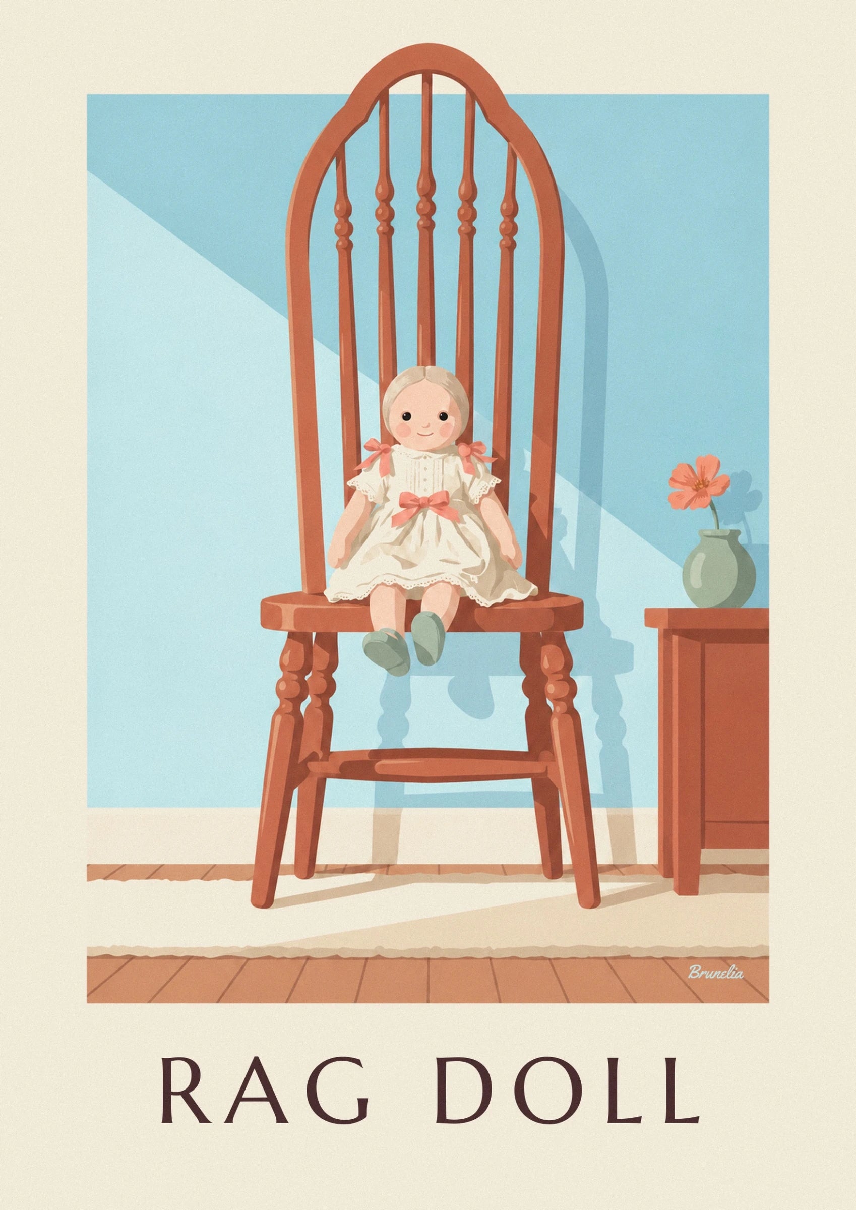 La poupée en robe crème, nœuds roses et chaussures vertes sur sa chaise en bois