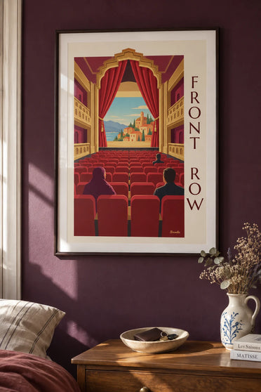Poster of a movie theater with red velvet seats: framed on the wall