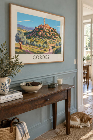 Affiche village perché de Gordes et ses oliviers dans le Luberon : encadrée au mur
