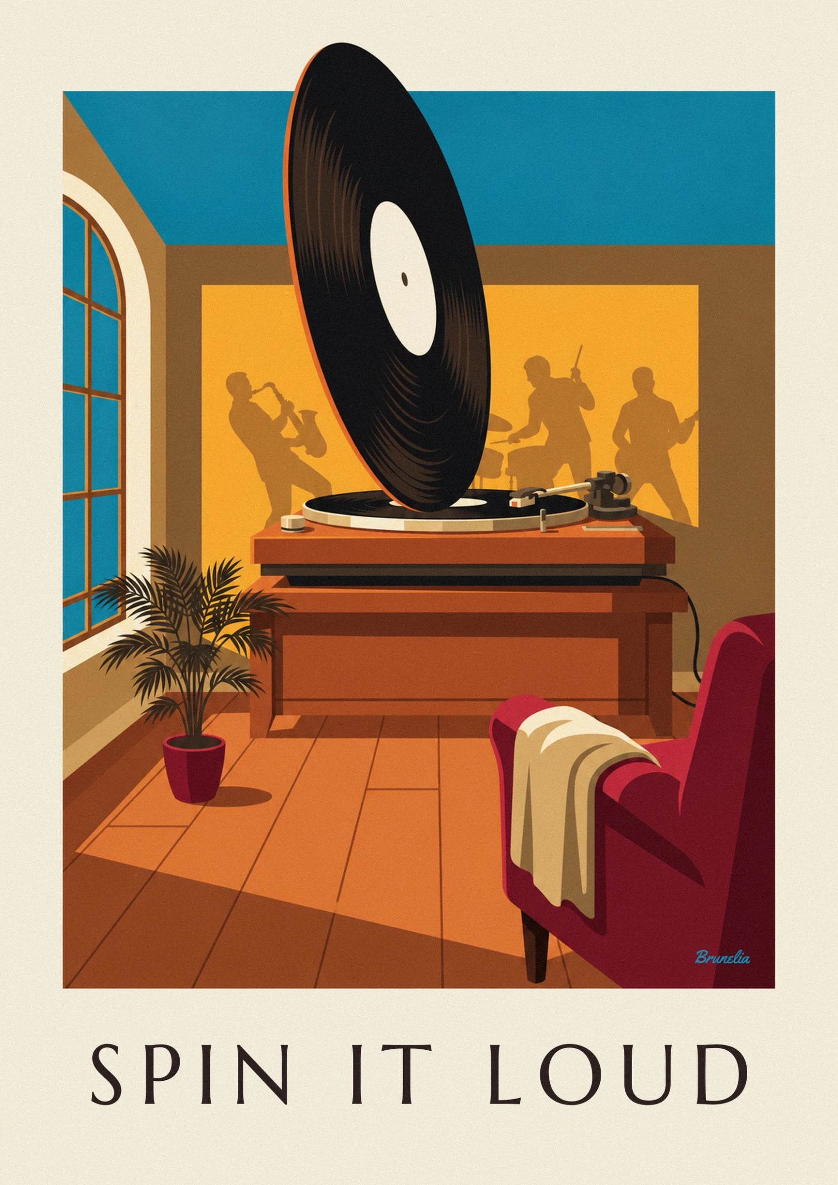 Le disque vinyle noir à étiquette crème, devant les silhouettes de musiciens