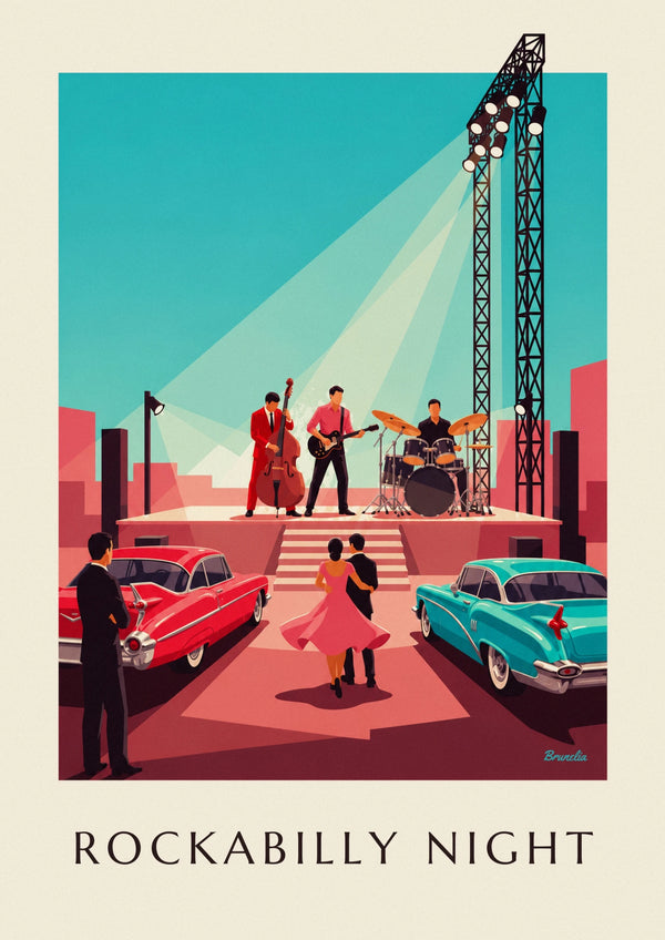 Affiche trio rockabilly en concert et voitures à ailerons
